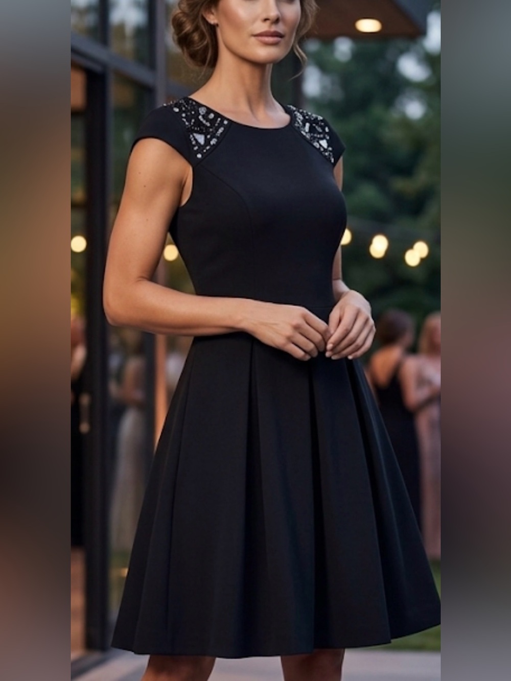 AGB Black Midi Dress with Beaded Shoulder Accents